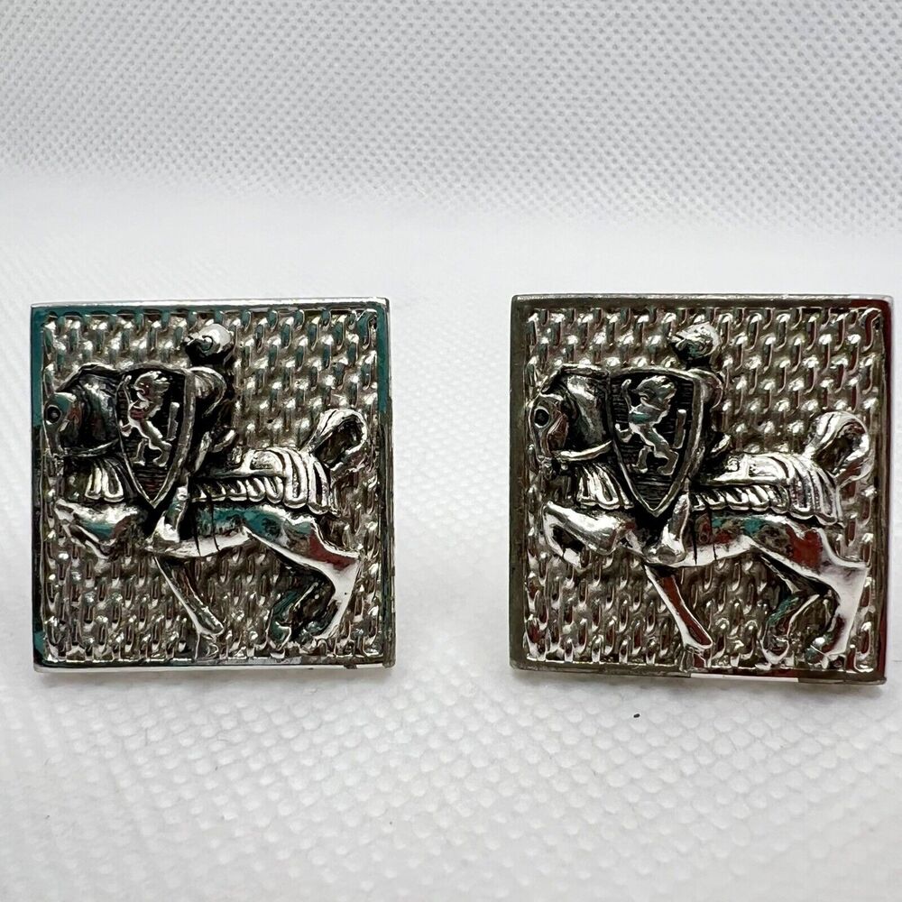 Swank Silvertone Rampant Lion on Shield Medieval Knight Horse Cuff Links